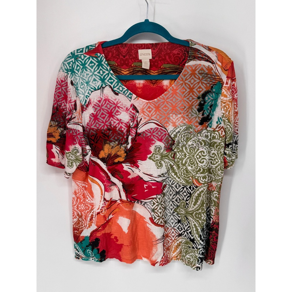 Chico's Top Womens 2 Red Floral Paisley V-Neck Short Sleeve Artistic Print Boho